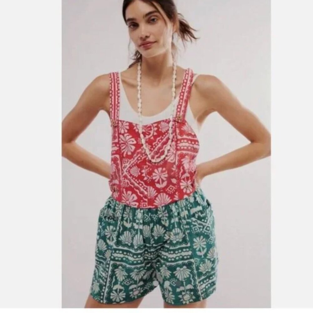 NEW Free People Women's Red Palm Bay Printed Shortalls Medium